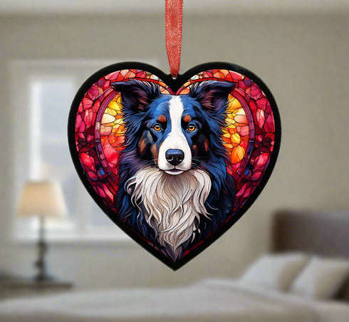 Border Collie Stained Glass Effect Heart Suncatcher